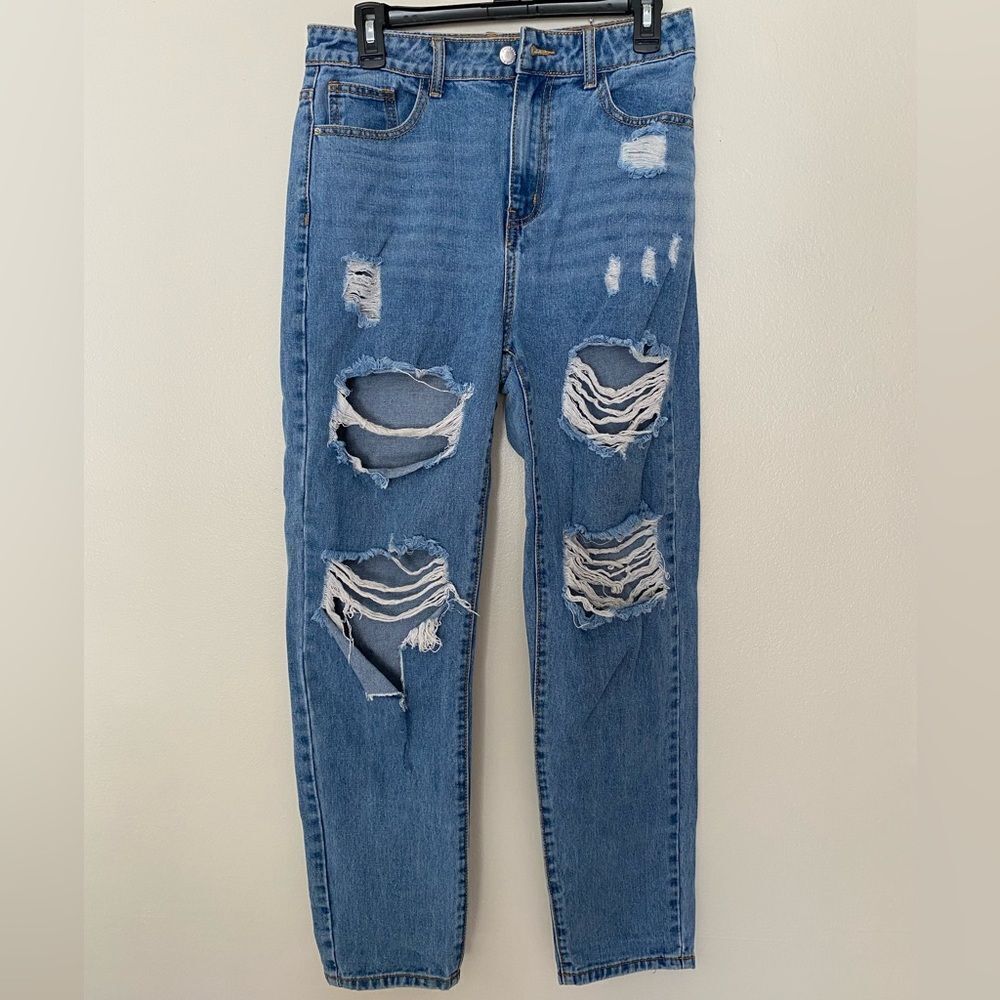 SHEIN Blue Denim High Rise Jeans with distressed front